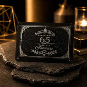 Plăcuță Rezidentiala Personalizabilă – Model Elegant Negru cu Gravură
